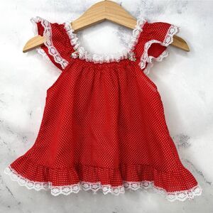 Vtg 60s Babydoll Baby Girl Dress 3T Red Polka Dot Lace Trim Cottagecore Rosette